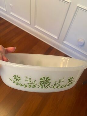 Vintage Glasbake 1 Qt White Green Floral Bake Dish or Serving Bowl
